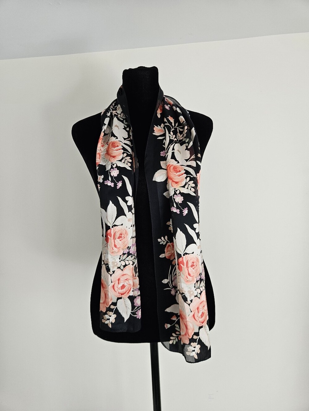 Lauren Black Floral Scarf with Rose Print